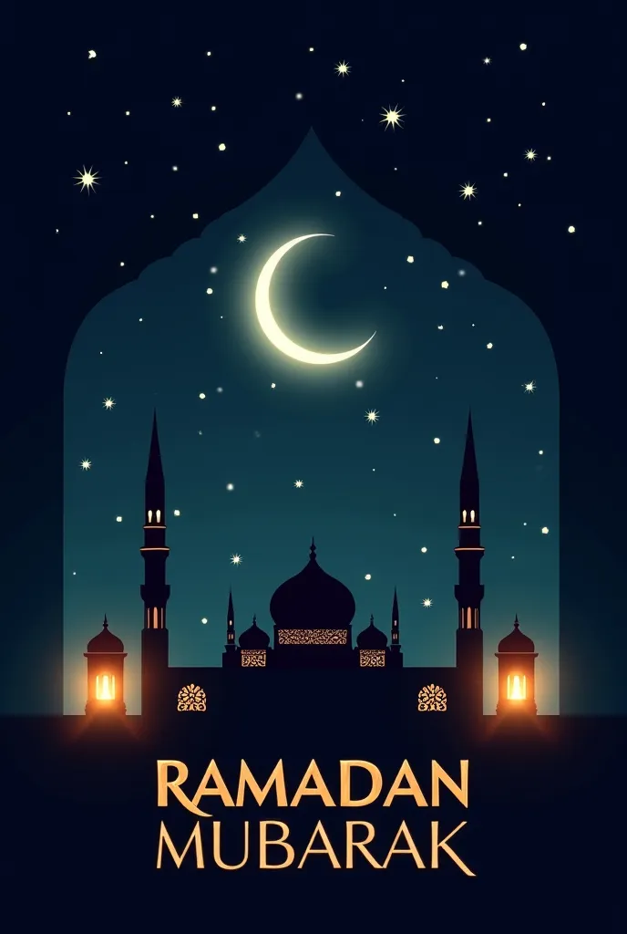 Create an elegant Ramadan scene featuring a crescent moon and stars glowing in a serene night sky, with a silhouette of a mosque and lanterns softly lit. Include delicate patterns of traditional Islamic art in the background. The atmosphere should be peace...