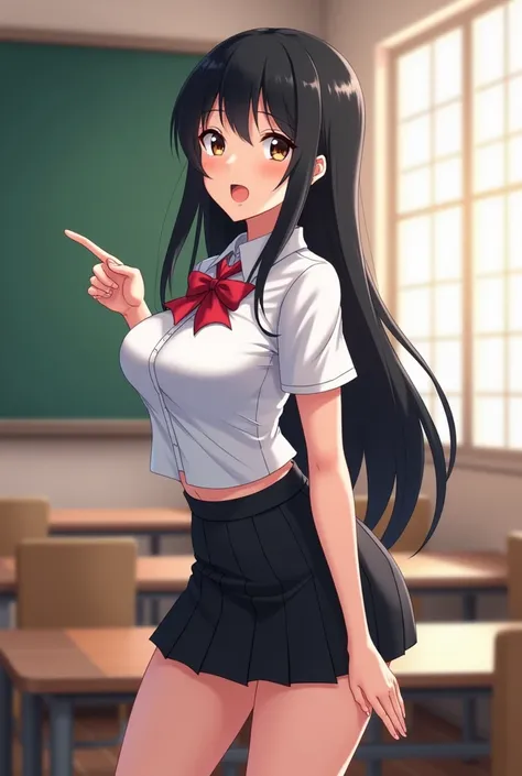 2d Anime illustration bright rich: 2d Sexy teacher with black long hair.  Her eyes are wide open , Mouth open in surprise.  dressed in a school uniform :  black short skirt ,  White short shirt . There is a classroom around, lots of space . she looks to th...