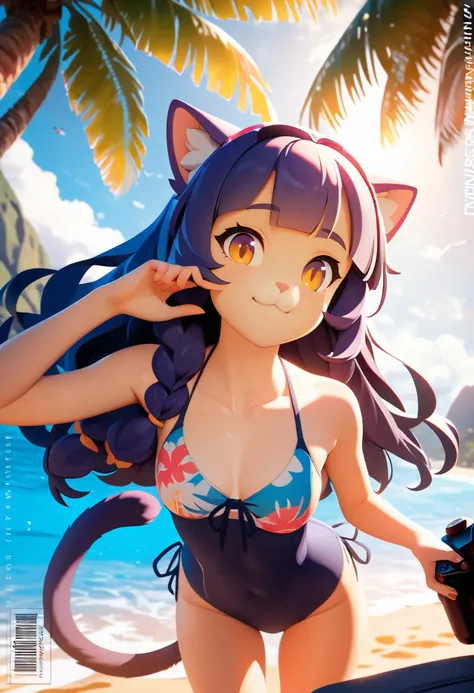 cover page, Hawaii's tourist magazine, highres, top quality, best quality, paid reward available, unparalleled masterpiece, perfect artwork, absurdres(angelic cute 1girl, cat girl)perfect anatomy, The best pose as a subject, seashore, Palm tree, Swim suit,...