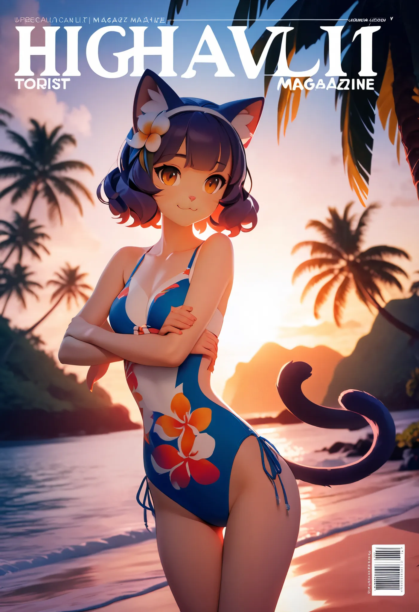 cover page, Hawaii's tourist magazine, highres, top quality, best quality, paid reward available, unparalleled masterpiece, perfect artwork, absurdres(angelic cute 1girl, cat girl)perfect anatomy, The best pose as a subject, seashore, Palm tree, Swim suit,...