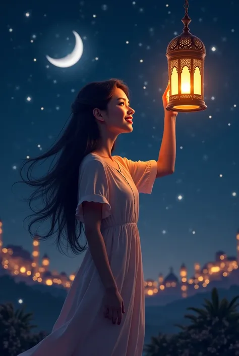 A girl with long balcn hair, holding a lantern celebrating Ramadan, in nignt with moon