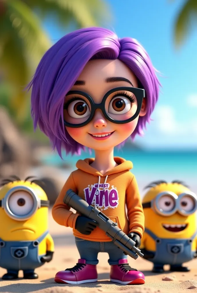 3D like a Pixar realistic beautiful cartoon character with short purple hair. with glasses. shooting positions wearing mafia with minions design with printed named "vine" holding a gun and minions beside. the background is summer theme coconut tree