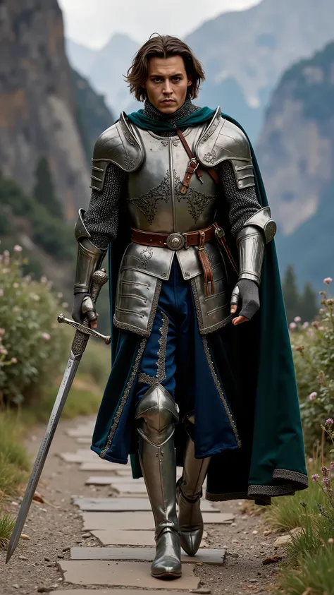 Johnny Depp as a knight walking and carrying a rapier、dramatic atmosphere, 1 man、He has piercing dark brown eyes and shoulder-length wavy hair swept back, with streaks of silver framing his sharp cheekbones.
He wears a finely crafted suit of polished st...