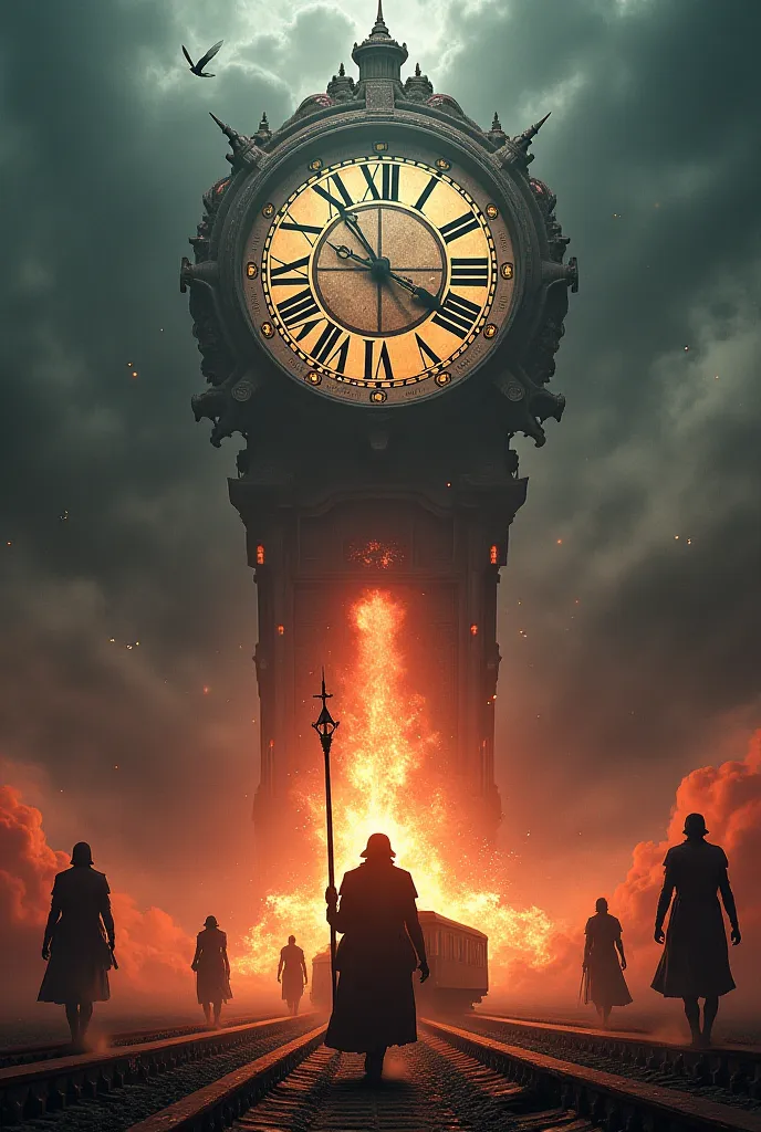  The Gates of Hell ,  Horsemen of the Apocalypse , book and there's a huge clock with Roman numerals in space and a train gets off