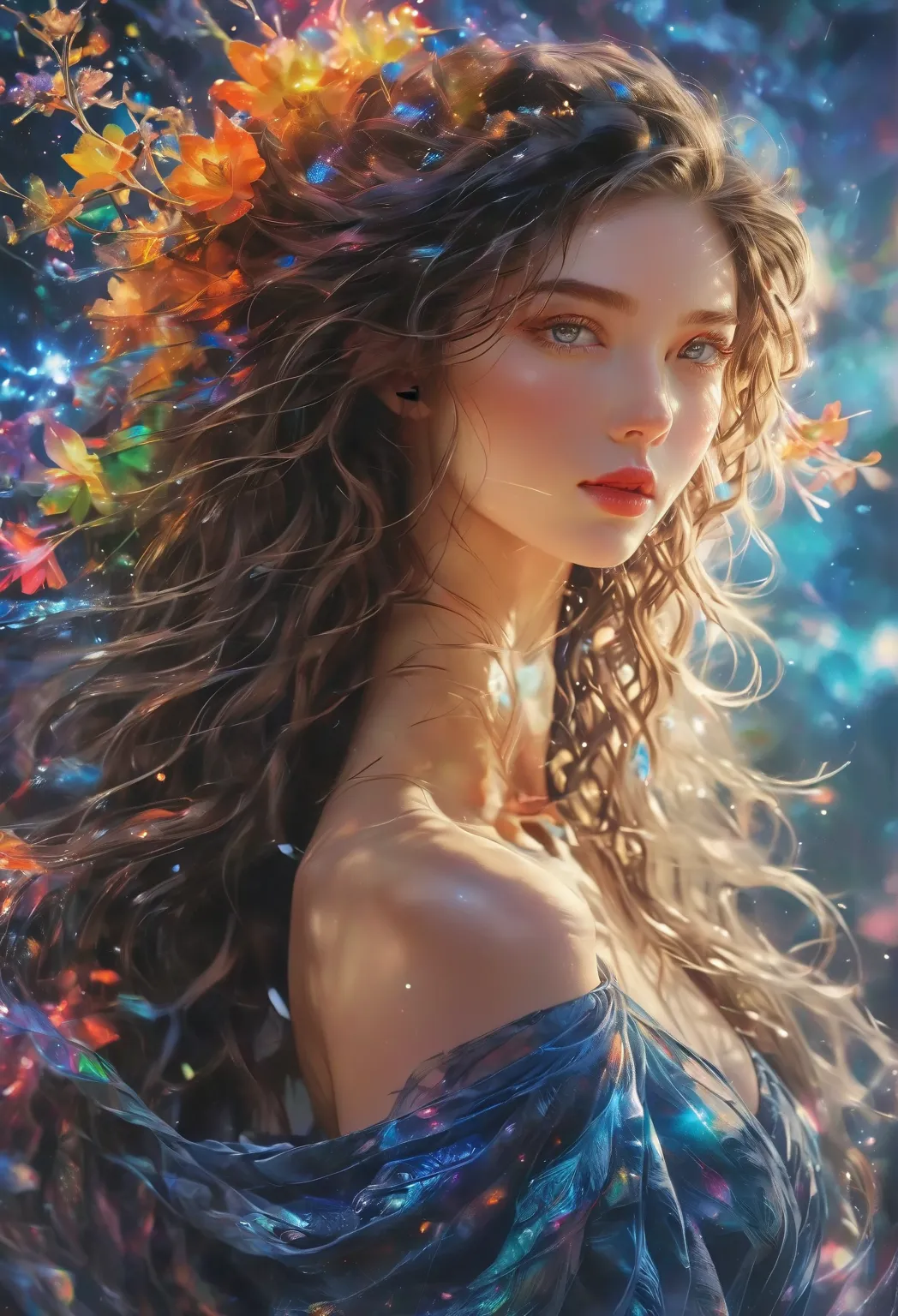 Dark loose hair, beautiful woman, blue eyes, double exposure image, rainbow hues, (Body-attached equipment: 1.2), Gold plated, blue eyes, sapphire, liquid metal, night sky, dragon scales, fire and ice, angled gaze, blurred flower background, captured from ...