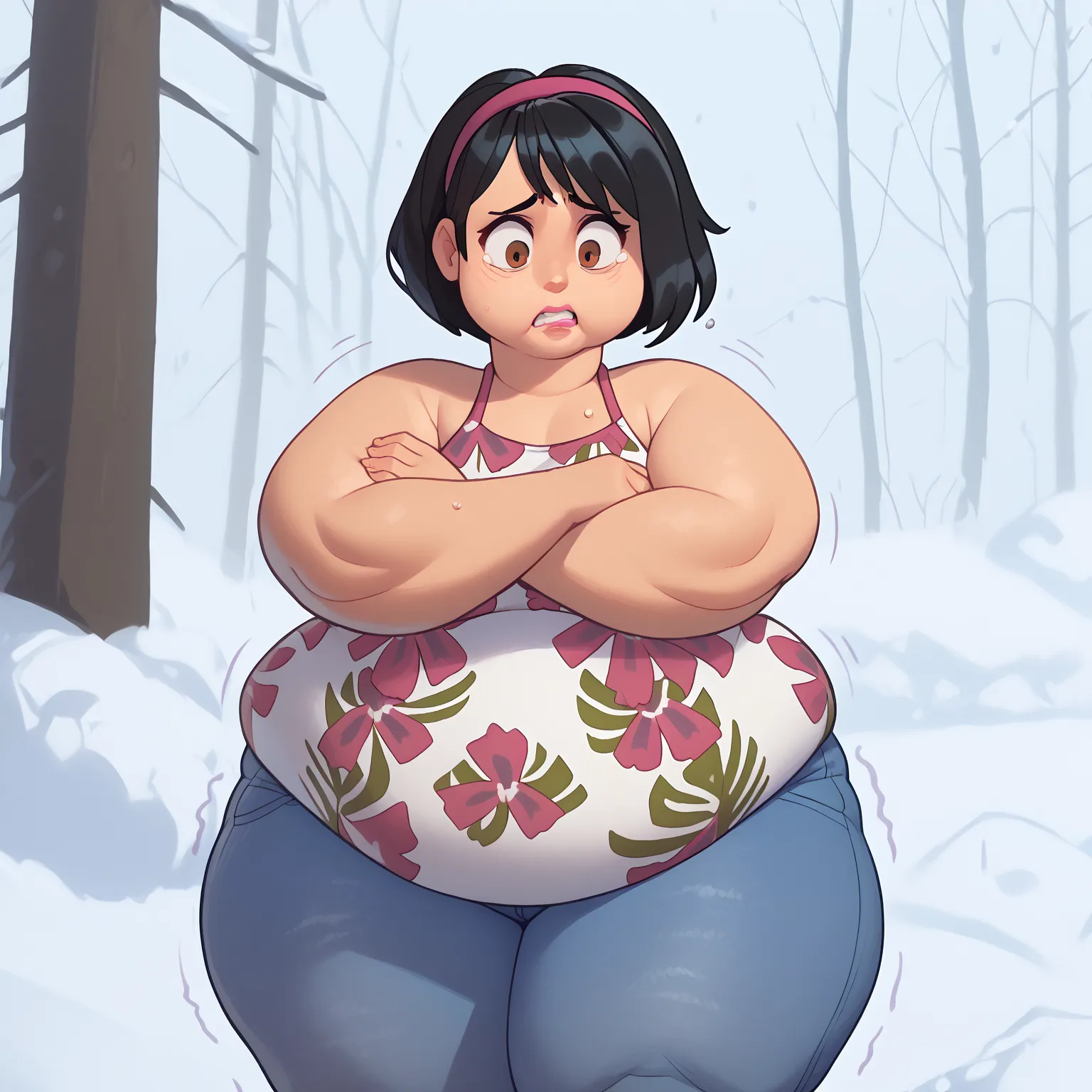 1 girl, Alone , SammyGutierrez (big fat body), black hair, short hair, pink hairband,  pink lips, Brown Eyes, dark-skinned woman, sleeveless t-shirt, floral print, bare shoulders, jeans, snow,  winter, Tundra,  arms crossed ,  frown , Scared, [highly strun...