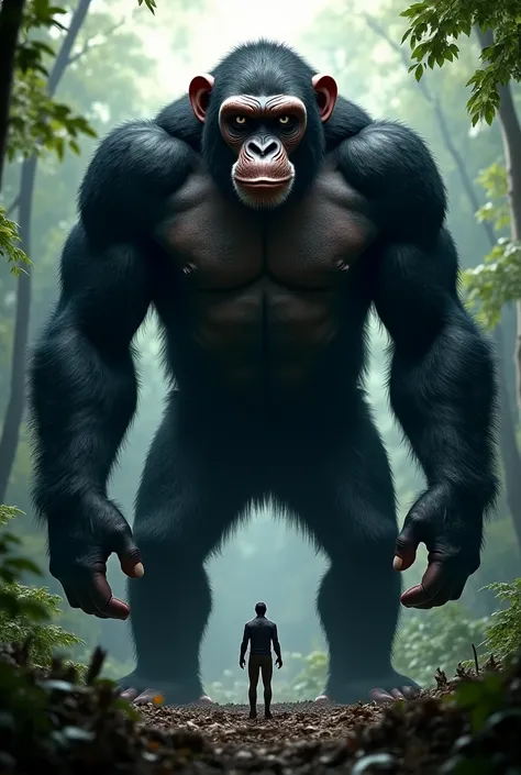 "Six feet tall, over 300 pounds" – A massive chimpanzee standing upright, towering over an average-sized human for scale, its muscles clearly defined.