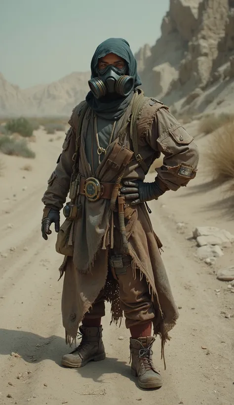 Post-apocalyptic wasteland survivor, gas mask, tattered robes, desert landscape, weathered clothing, scavenged gear, dusty atmosphere, muted colors, dystopian future, rugged boots, leather gloves, steampunk elements, survival equipment, desolate background...