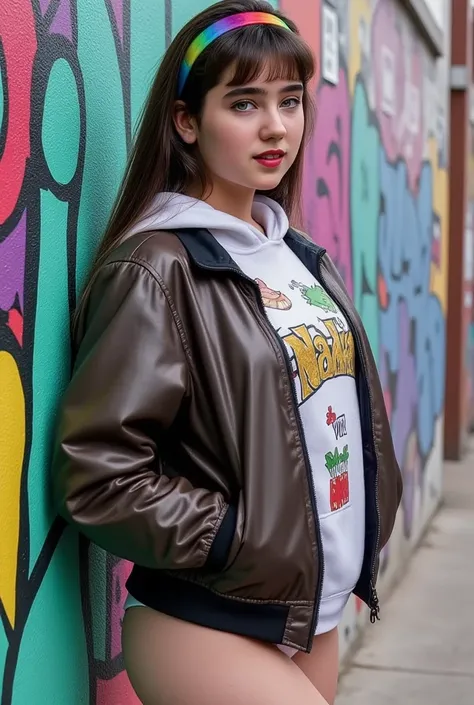 From the side view, she looks to the right., her besutiful profile,
The image is a high-resolution photograph featuring a young woman named Jennifer standing in an urban setting adorned with vibrant graffiti. Jennifer Connelly at age 15, She is positioned ...