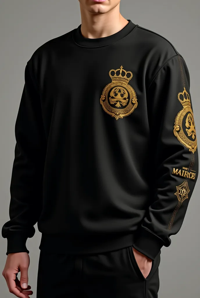 Create an image of a uniform: a black sweatshirt with a logo that says Kings of the Service in gold and gold details that extend from the chest of the sweatshirt to the right sleeve.