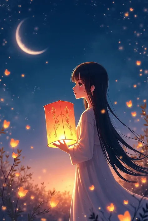 An anime character girl, with long black hair holding a lantern, celebrating Ramadan, in night with moon
