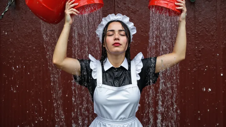 A close-up headshot of a beautiful young Japanese woman wearing a maid outfit standing in front of a dark red brick wall as water is throw into her face from buckets, completely soaking her.