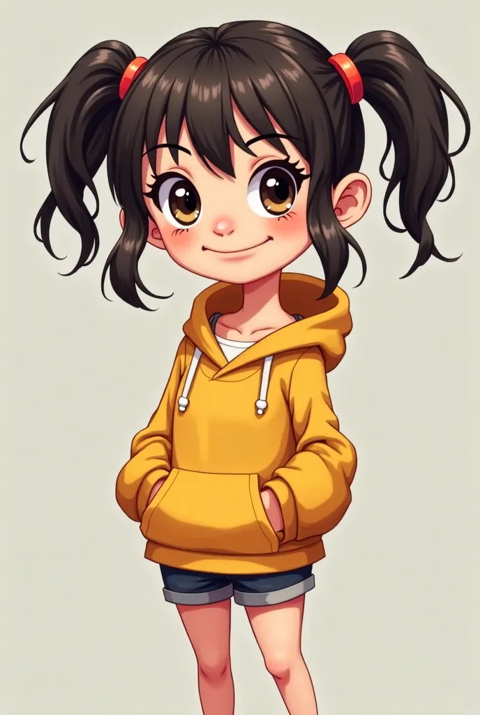 A petite girl with a playful, mischievous expression. She has sharp, cat-like eyes that gleam with amusement and a smug smirk on her lips. Her hair is short and slightly messy, styled into a bob or playful twin tails that bounce with movement. She wears an...