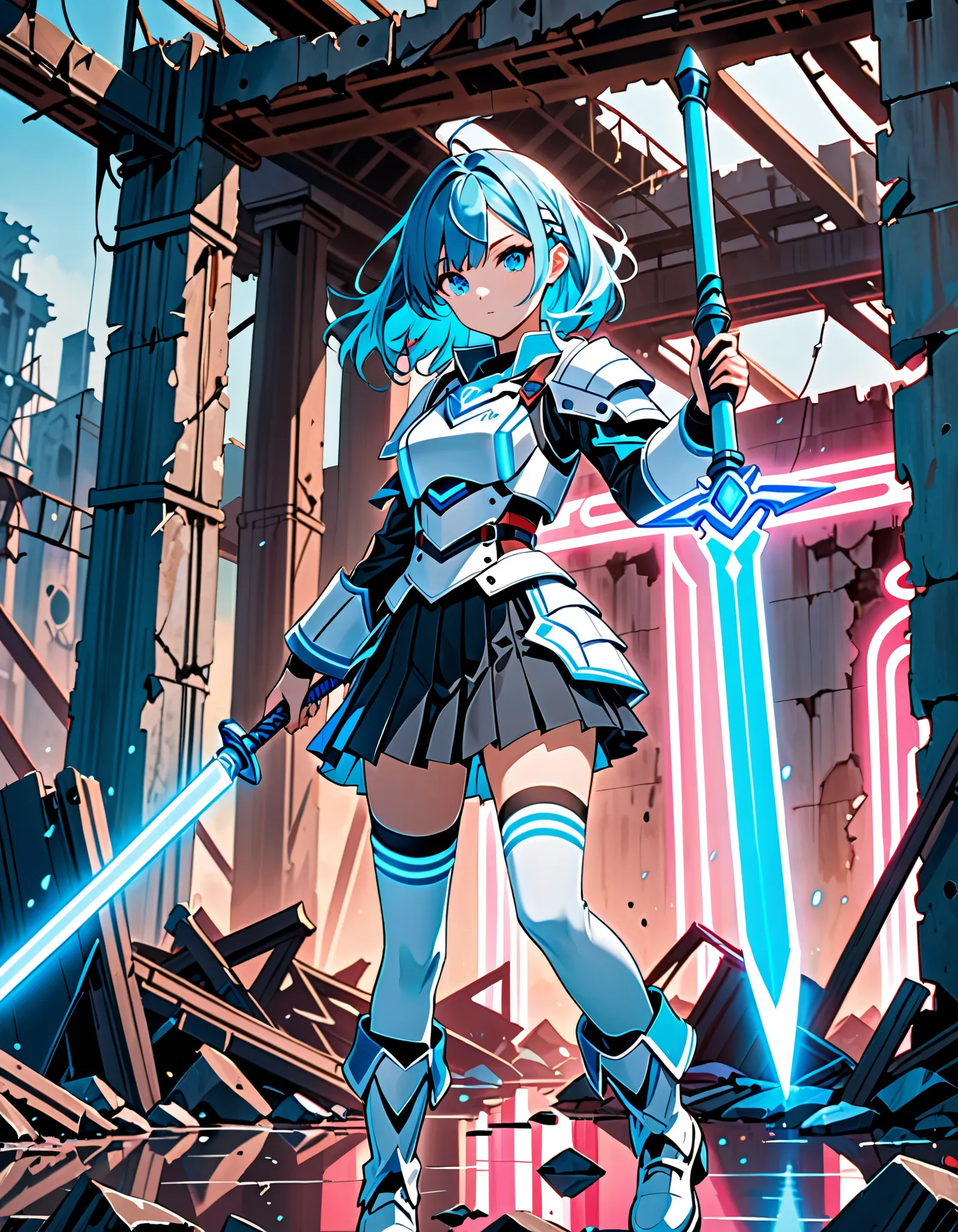 a young beautiful woman, kosmos,medium_hair, 1girl, blue hair with light blue accents, aquamarine eyes, solo, white_red_armor,best quality, ultra high res,tokyo fashion, black skirt with blue trim, pleated skirt, miniskirt, white boots, thighhighs, (holdin...