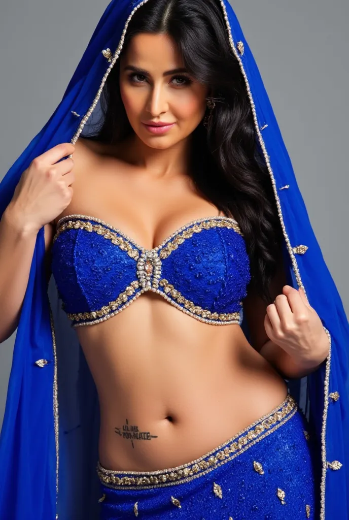 (masterpiece, best quality:1.2), She is draped in a low waist lapis lazuli blue lehenga with delicate gold embroidery, giving her an ethereal, moonlit glow. fully exposing her deep navel and slim waistline. A thin pearl waist chain (kamarbandh) rests again...