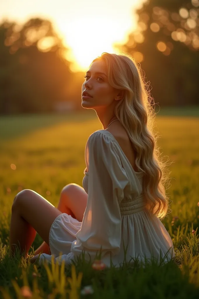 ((completely on her back)),((the evening with the character sitting on the grass)),blonde trenzas,detailed character portrait,relaxed posture,sitting on lush green grass,looking up at the sky,warm golden hour lighting,atmospheric evening setting,photoreali...