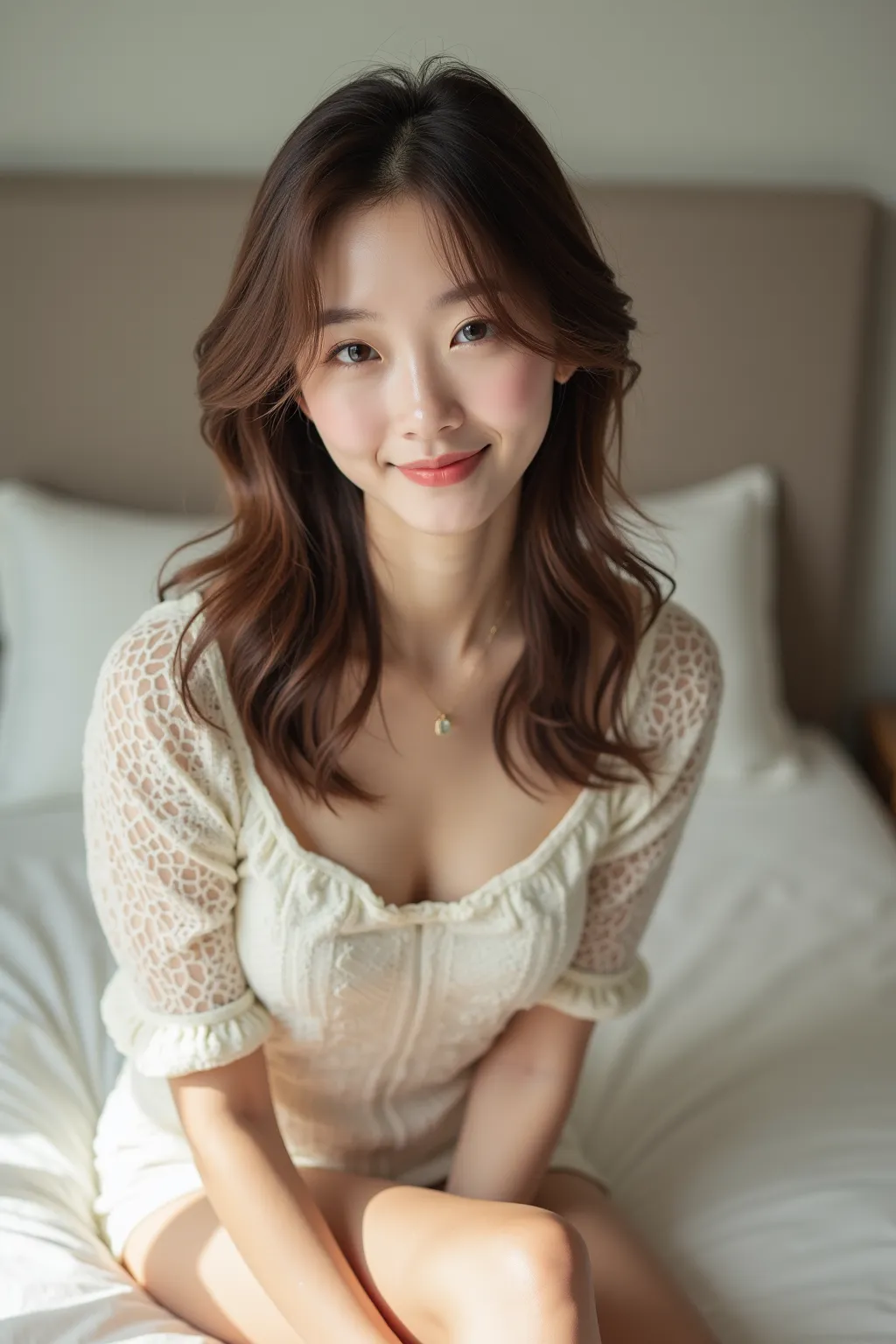 Professional Photo Shoot of Beautiful Women、Natural light shines beautifully on the subject、A cute 16-year-old Japanese with brown hair、Small face、Well-balanced round contours、with sharp, slender eyes and double eyelids、Straight through the bridge of the n...