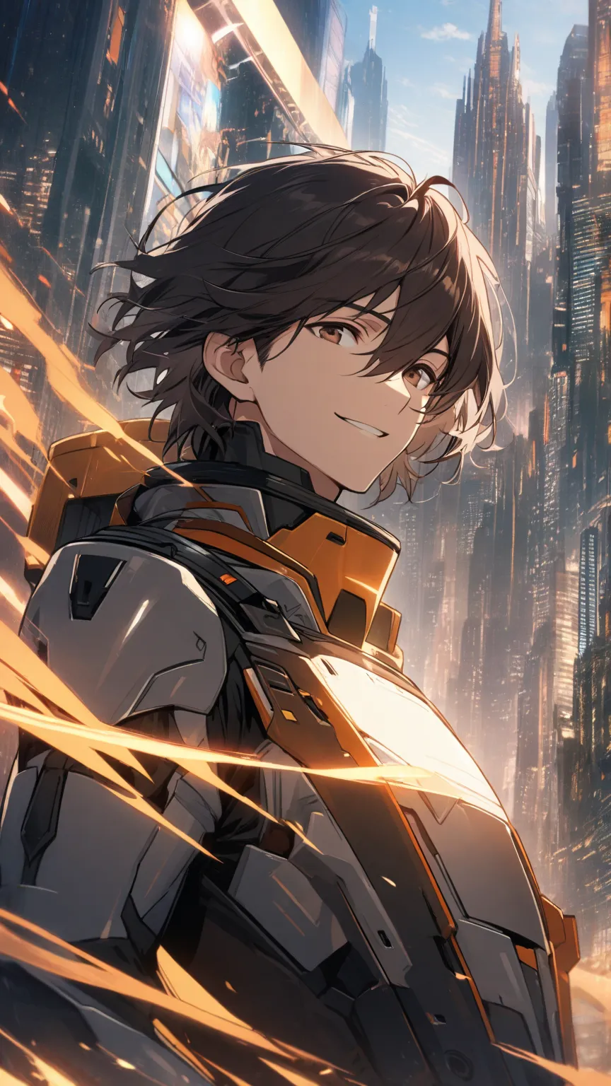 1Man，Alone， male focus ，dark hair， tall body ， fingertip gloves ，Dark Armored Robot Driving Suit，Brown eyes，Upper body，Smile，Future city background 
