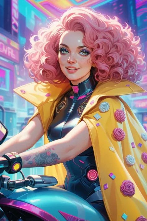 Wear a yellow cape with a psychedelic pattern、A long-haired, freckled woman with pink curly hair in mechanical cyberpunk fashion, gorgeous large accessories - and flashy eye makeup is riding a psychedelic, mechanical cyberpunk motorcycle