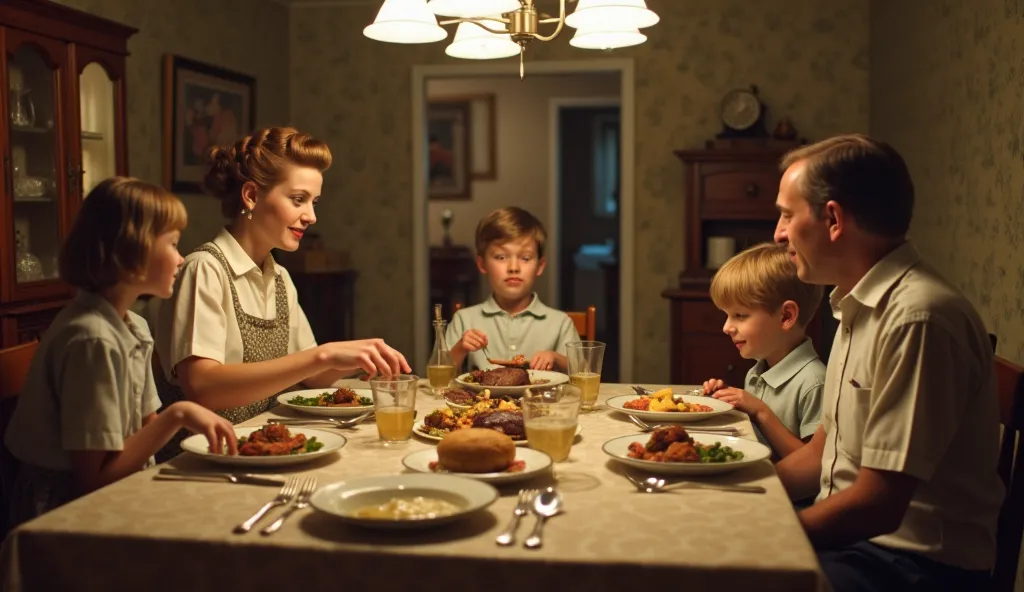 A warm and nostalgic scene of a 1960s family gathered around the dinner table, sharing a meal together. The table is set with classic mid-century dishes, including a roast, mashed potatoes, and vegetables, served on vintage-patterned plates. A mother in a ...