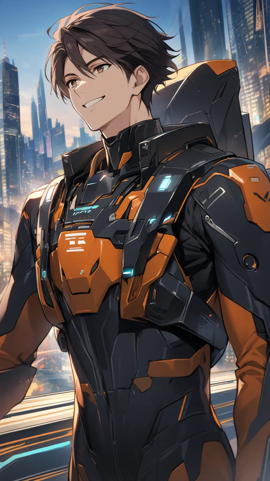 1Man，Alone， male focus ，dark hair， tall body ， fingertip gloves ，Dark Armored Robot Driving Suit，Brown eyes，Upper body，Smile，Future city background 
