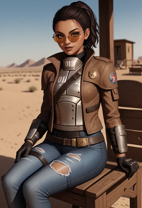 1girl, latina girl, caramel dark brown skin, brown lipstick, black hair, medium hair, sidelocks, ponytail, amber eyes, flat chest armour, desert ranger armour, fallout new vegas ranger attire, belt, torn jeans, gloves, brown jacket, gloves, aviator sunglas...