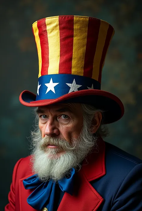 Uncle Sam's stock hat on the right side the colors of the Venezuelan flag vertically yellow, Blue and red and the left side the colors of the United States flag 