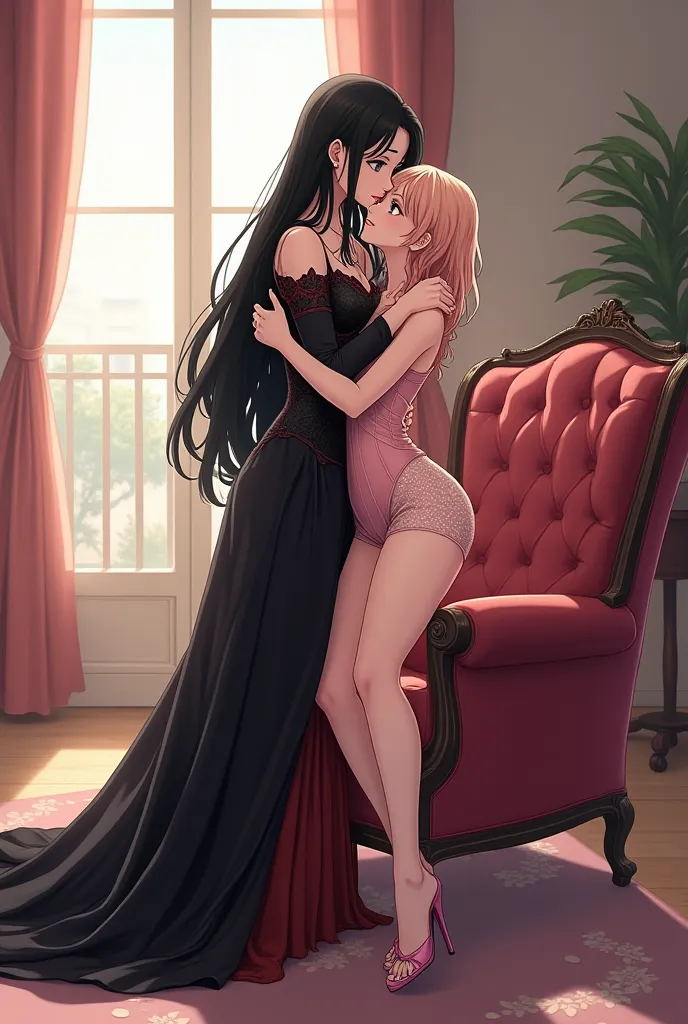 The first photo, is of a character with a 2d anime style, beautiful, Wear clothes from the medieval period, extremely beautiful high heels,  blue eyes, Long black hair that hits the waist. tight and black dress, with wine red details, Long too, some parts ...