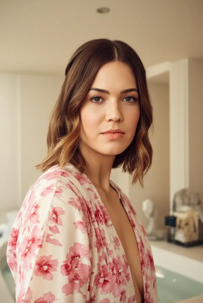 best quality, highres, 8k, masterpiece, photography, detailed midbody photorealistic portrait. Mandy Moore wears a soft pink yukata with cherry blossom motifs, symbolizing spring and renewal. The fabric is light cotton, perfect for the warm Kyoto spring we...