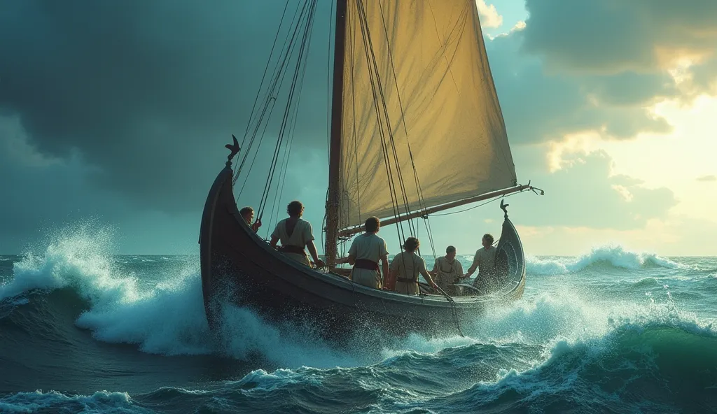 4.	Desperate Struggle Against the Wind
Peter and James grip the oars tightly, trying to steer the boat as the wind howls around them. Their muscles strain against the force of the storm. The sail is barely under control, and the boat rocks violently with e...