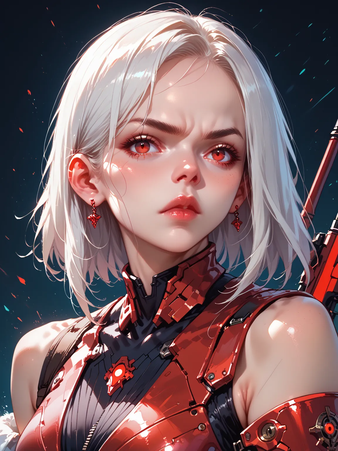 Smooth Quality -
A anime style illustration of a woman with short, white hair and sharp red eyes.  She has a serious, slightly cold expression.  She is wearing futuristic black and red armor with sharp, angular details and glowing red accents.  A transluce...