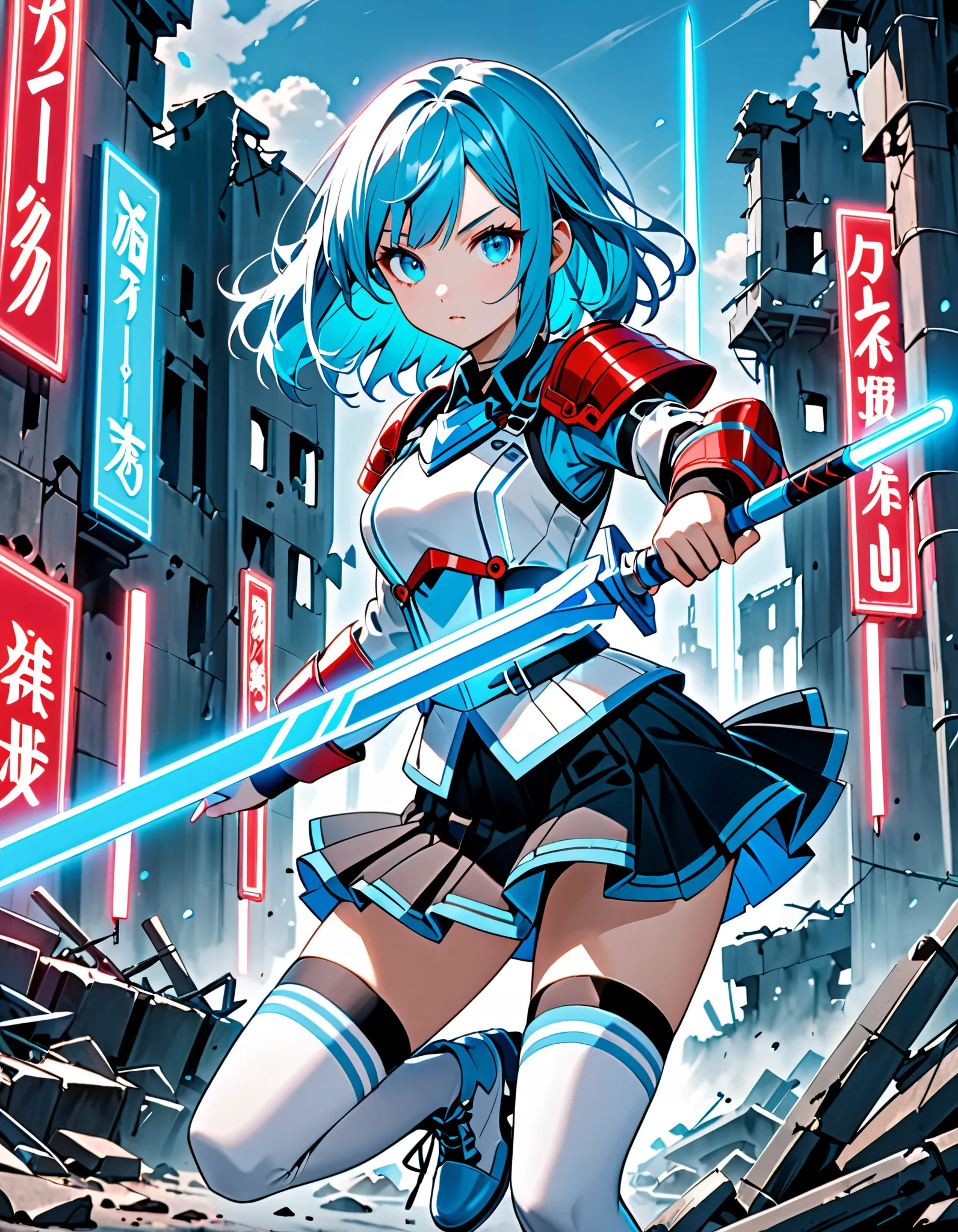 a young beautiful woman, kosmos,medium_hair, 1girl, blue hair with light blue accents, aquamarine eyes, solo, white_red_armor,best quality, ultra high res,tokyo fashion, black skirt with blue trim, pleated skirt, miniskirt, white boots, thighhighs, (holdin...