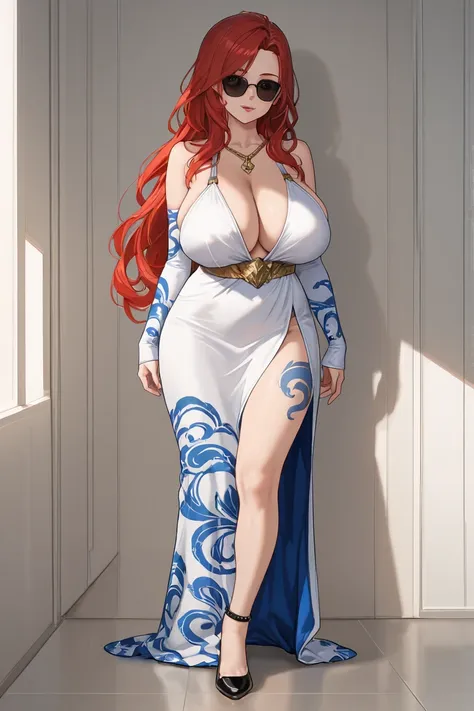 "A 38-year-old woman, big boobs, A woman with long red hair with soft waves, posing confidently while wearing a long, flowing dress with blue and white print.  The dress has a slit in the leg , revealing a detailed tattoo on her lower leg. She wears sungla...