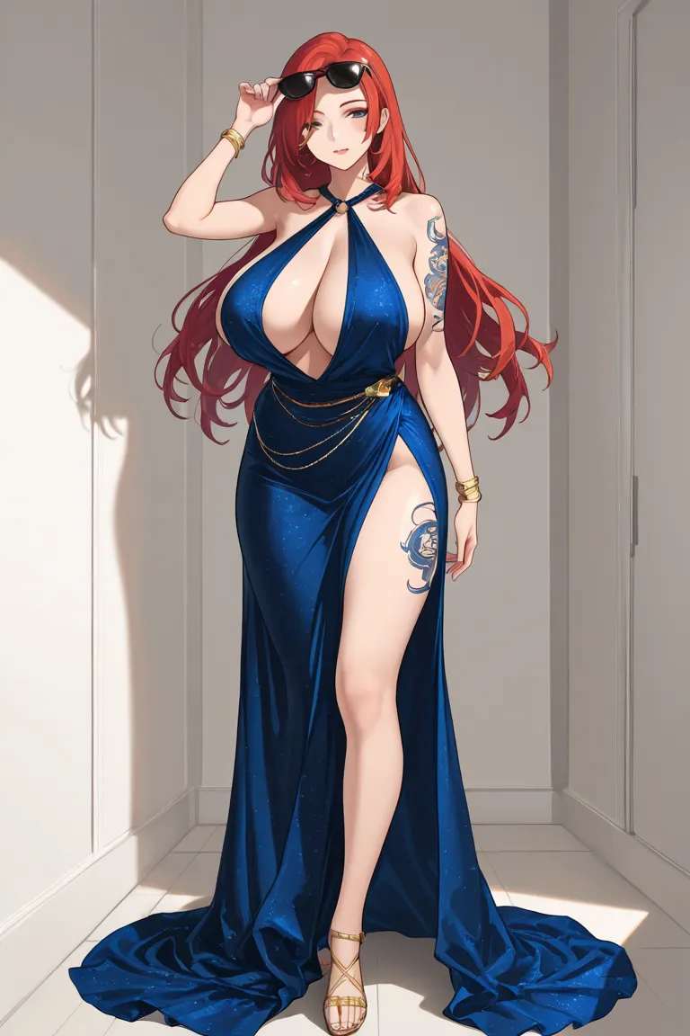 "A 38-year-old woman, big boobs, A woman with long red hair with soft waves, posing confidently while wearing a long, flowing dress with blue and white print.  The dress has a slit in the leg , revealing a detailed tattoo on her lower leg. She wears sungla...