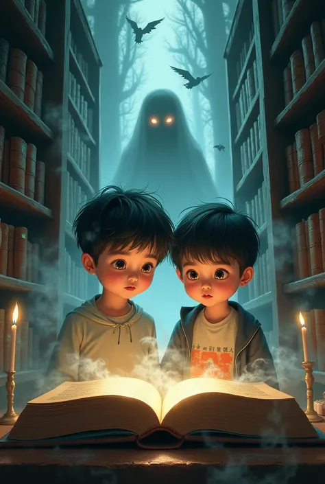 Design the cover of an online novel in which two young.boys get sucked into a Chinese ghost story, sucked into a book. Ask for a hallucination.