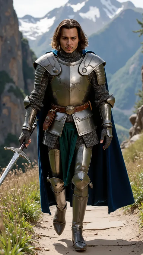 Johnny Depp as a knight walking and carrying a rapier、dramatic atmosphere, 1 man、He has piercing dark brown eyes and shoulder-length wavy hair swept back, with streaks of silver framing his sharp cheekbones.
He wears a finely crafted suit of polished st...