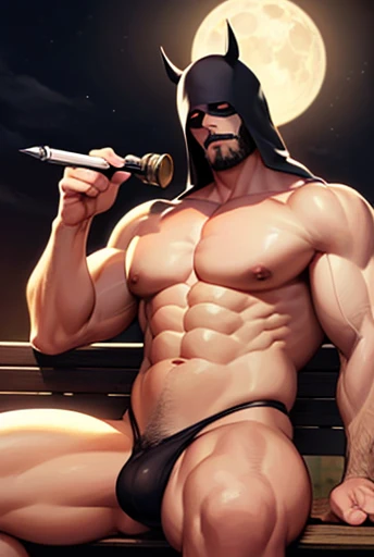 Man in a mask sitting on a bench, reaper On surveillance, the reaper as a scary, reaper of night!!!!, On surveillance, sfw version, Moon Knight,  muscular and terrifying , reaper, handsome male god of death, take off the mask, fat scratched satanic creatur...