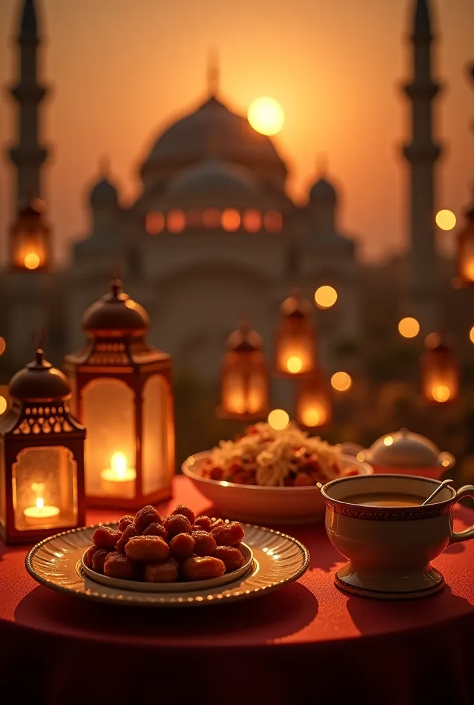 *Scene Description:**  
"A beautifully set Iftar table during Ramadan, with a warm and inviting atmosphere. The table is adorned with traditional Ramadan dishes, each symbolizing a step in the UK visa process. The background features soft lighting, with a ...