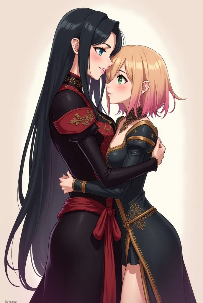 The first photo, is of a character with a 2D anime style, beautiful, wears clothes from medieval times, extremely beautiful high heels,  blue eyes, long black hair that hits the waist. tight black dress, with wine red details, Long too, Some parts open. Fu...