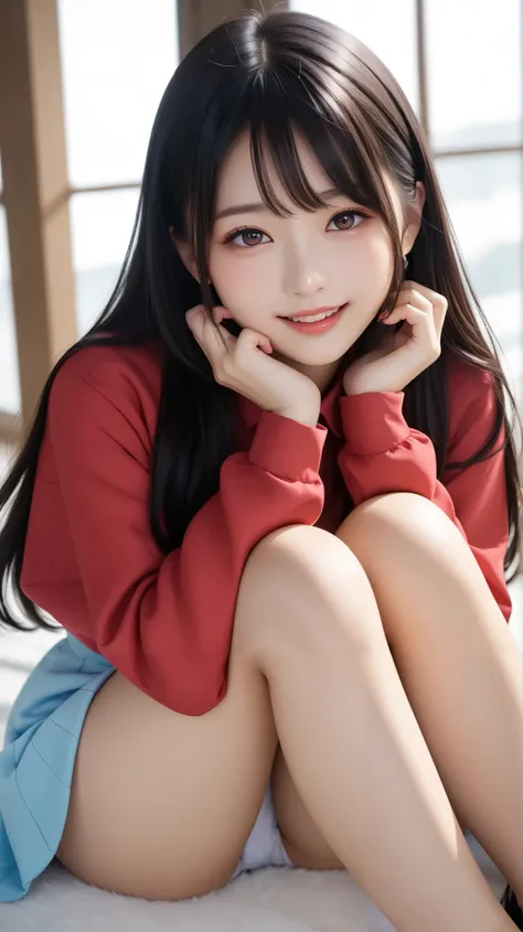  masterpiece、top quality、full body、one girl、bangs、  Japanese、     black hair、 long hair、   Long Sleeve 、snow、  knit  、smile、 alone、 stylish woman 、Brightly colored clothes、Front  、 luxury background material   、 confident expression、Modern and trendy、  fas...