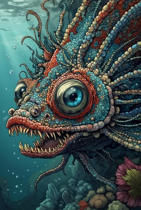 an eldritch fish woman f extreme beauty, extremely colorful,  many delicate fins, spines, large eyes, murder maw, sharp claws, lovely underwater terror