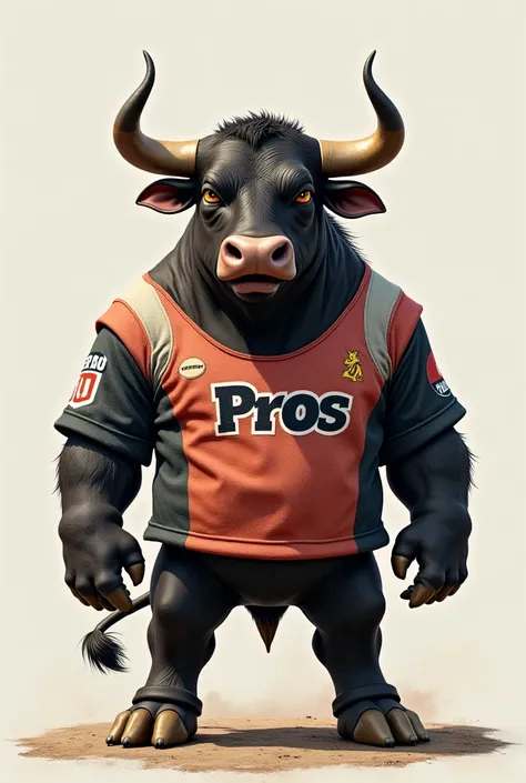 Create me an image of a bull wearing a shirt that puts the pros on it