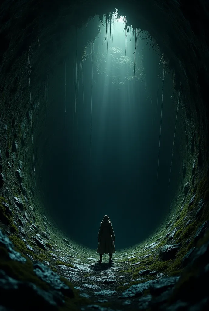 First-person view looking into a deep, dark well. The damp stone walls fade into the darkness below.  The mood is tense , and the feeling that something may emerge from the shadows is intense.

