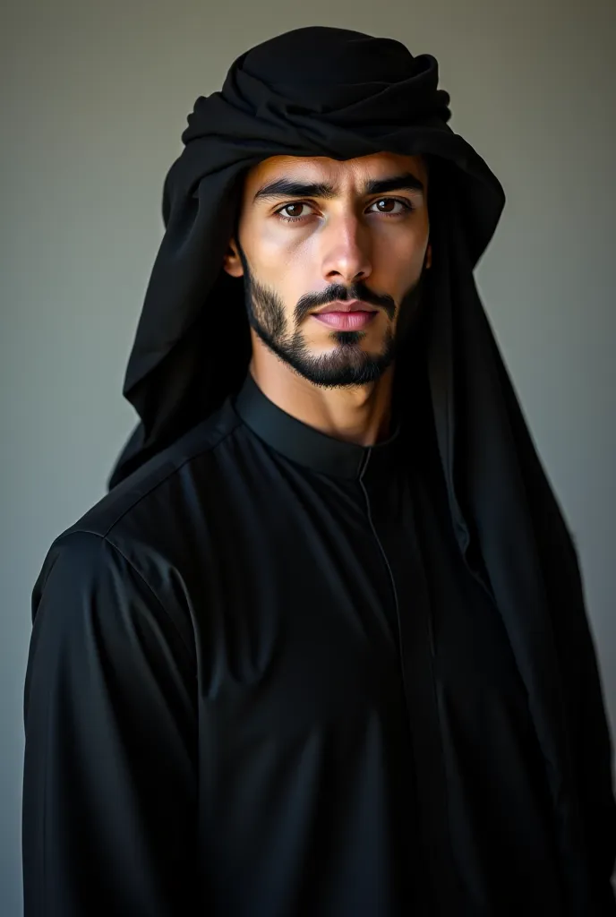 A bearded, handsome young man wearing a black Muslim Arab robe