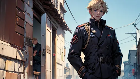 A man, One man, handsome, tall, blond, short hair, (Black uniform army 1.8) , blue eyes/ Full height, standing. Put your hands in your pockets, Tall, Gray backgroung