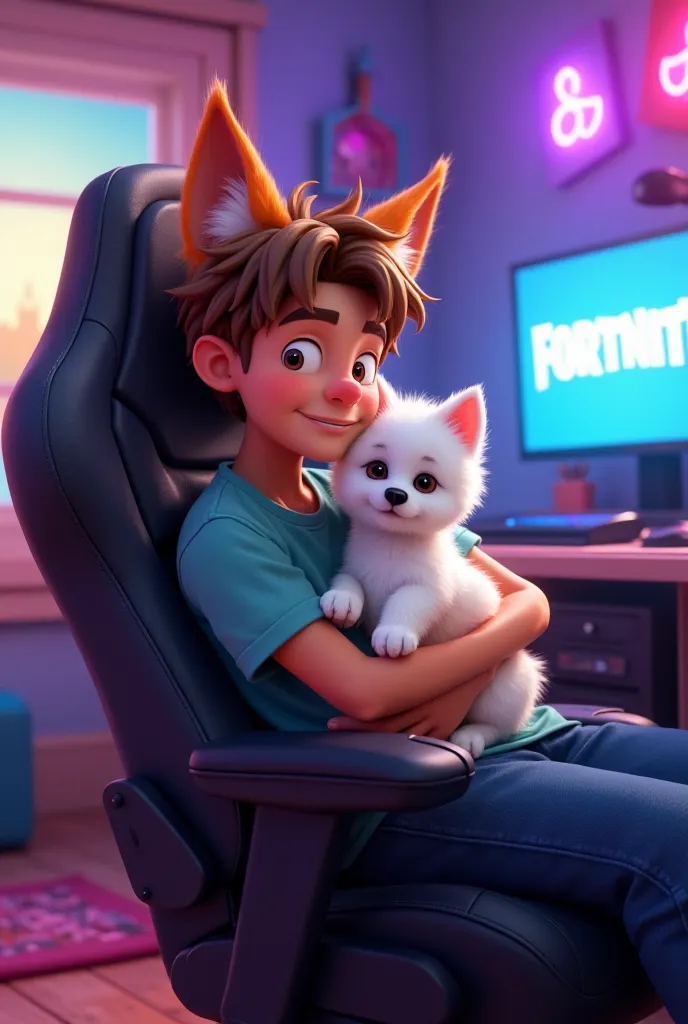 Pixar-style poster of a young man with fox ears from the Fornite game with brown hair on a gamer chair and a white baby dog in his arms of the Maltese breed