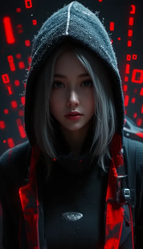 Create a realistic image of a gray-haired young female hacker, Wearing a hood,  Surrounded by floating red numeric codes . The background should be dark,  futuristic environment , The image has a cinematic quality,showing a high level of detail and realism...