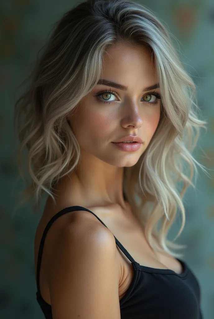 Create a female character with an reverse ombré hairstyle (the roots are silver and the ends are brown) her eyes are a hazel colour with blue flecks.