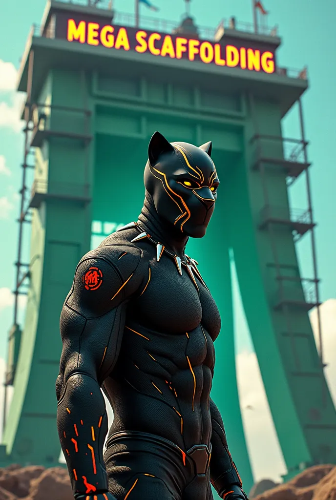 Black Panther character with a scaffold in the background in green tones and that says “MegaScaffolding” on the top