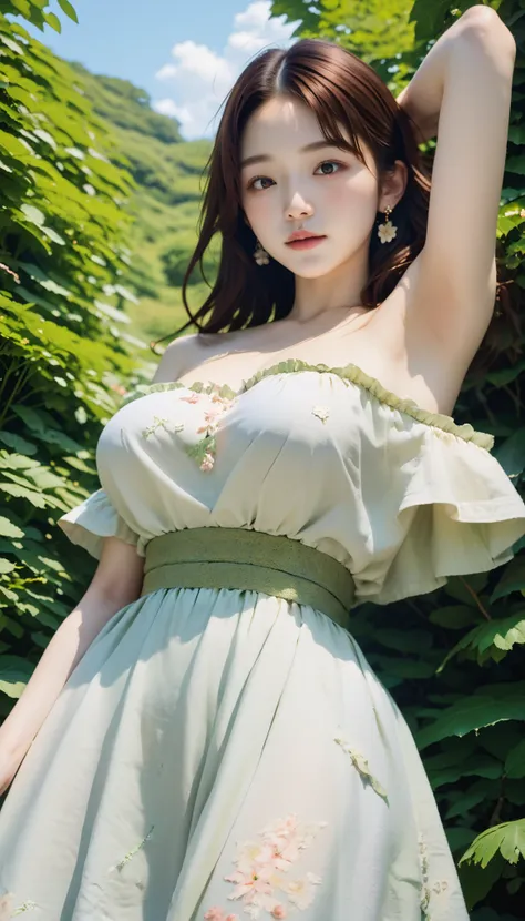 8k, masterpiece, Highest quality, close-up,   low angle, long brown hair, Loose waves, Japanese girl,  white skin, Big Breasts, gentle expression, olive green one-piece dress, off shoulder,  Floral embroidery , Pastel Flowers々,  Dangling Earrings ,  hand b...